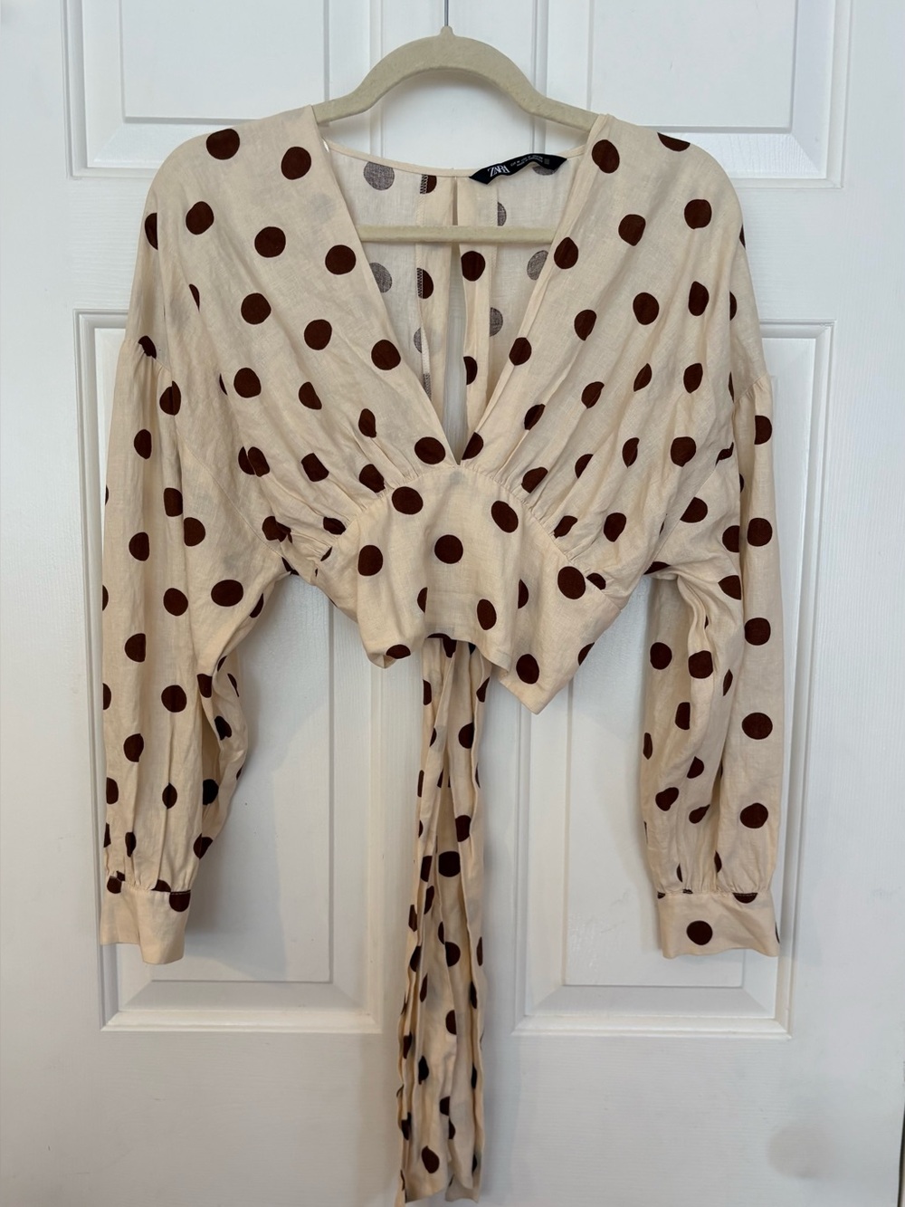 Zara Women's Ivory/Brown Polka Dot LS Cropped Blouse Size M Glam Linen Blend